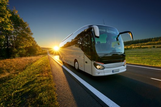 White bus traveling on the asphalt road around line of trees in &copy; am - stock.adobe.com